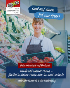 Jobanzeige mit einer freundlichen Frau die eine Kiste Paprika hält - mit dem Schriftzug Lust auf einen Job am Meer